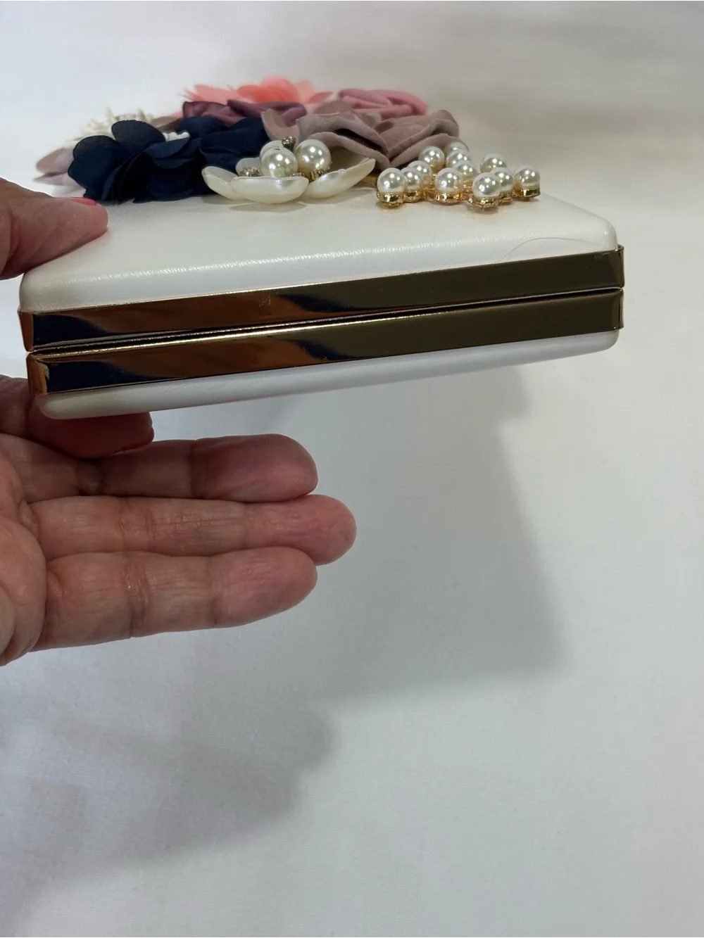 Floral Embellished White Clutch with Multicolor Flowers